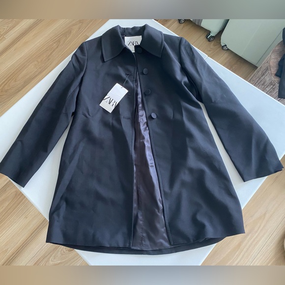 Zara Wool Blend Frock Coat Jacket Lapel collar ZW Collection Black size S NWT - Picture 10 of 16